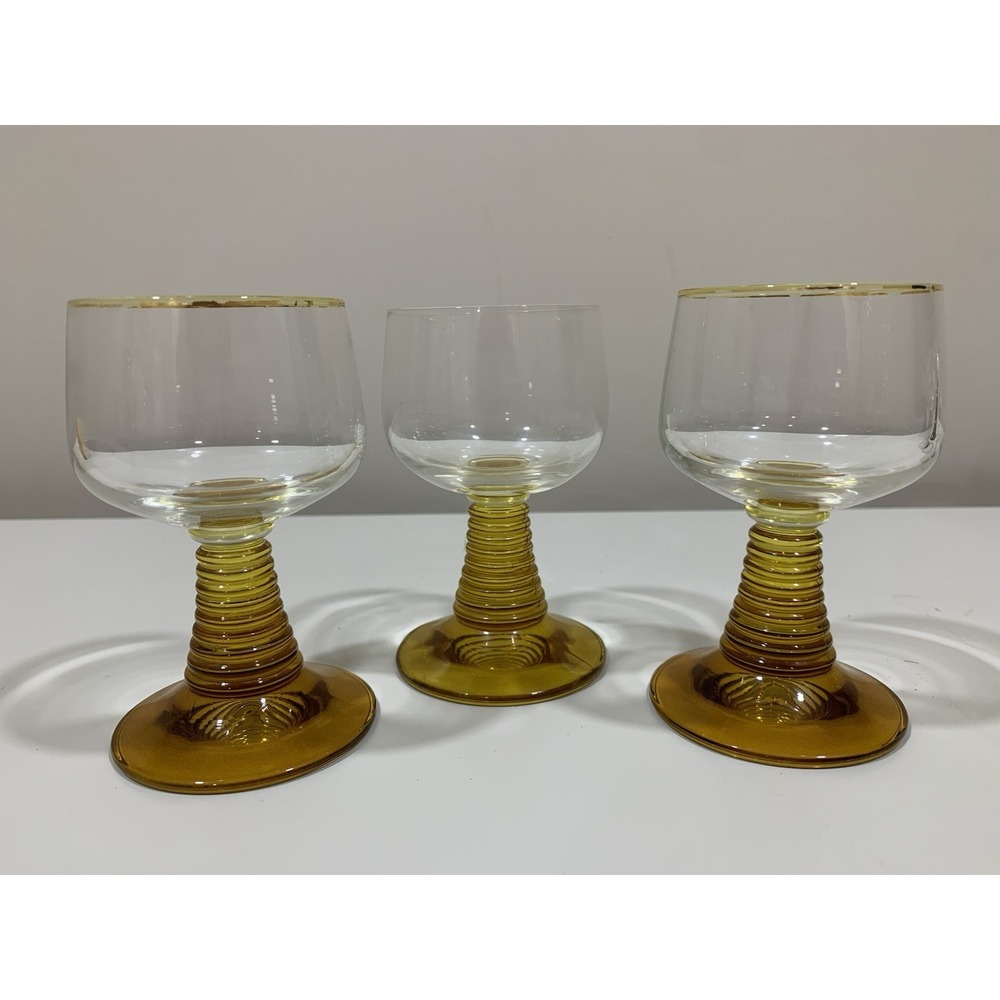 Vintage MCM Roemer Amber Beehive Gold Rim Glasses Set Of 3